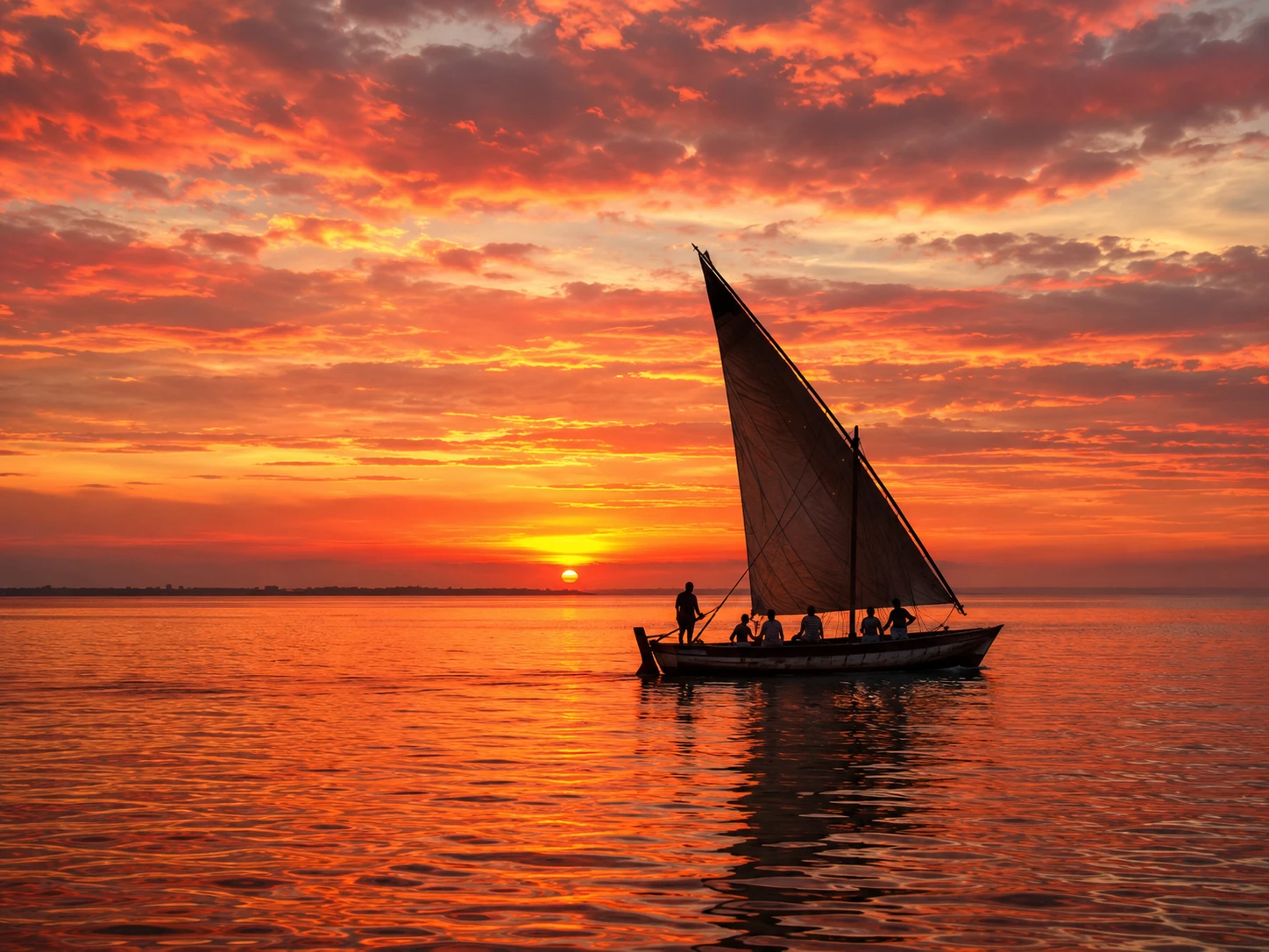 A traditional wooden dhow under sail at sunset on Vilanculos Bay, Mozambique